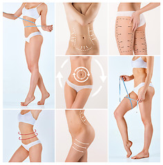 Image showing Collage of female body with the drawing arrows