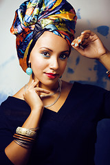 Image showing beauty bright african woman with creative make up, shawl on head