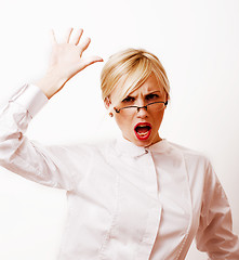 Image showing very emotional businesswoman in glasses, blond hair on white bac