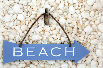 Image showing Beach Sign on Seashells and Pearls