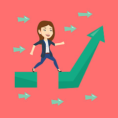 Image showing Business woman jumping over gap on arrow going up.