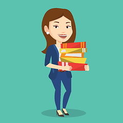 Image showing Woman holding pile of books vector illustration.