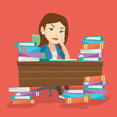 Image showing Student sitting at the table with piles of books.