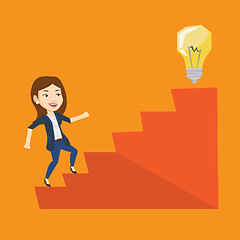 Image showing Business woman walking upstairs to the idea bulb.