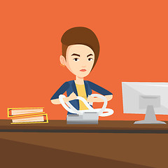 Image showing Angry business woman tearing bills or invoices.