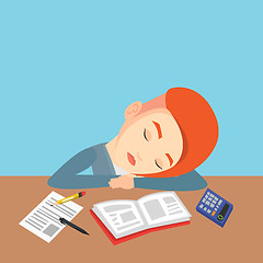 Image showing Female student sleeping at the desk with book.