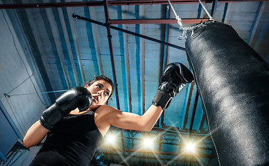 Image showing The female boxer training at gym