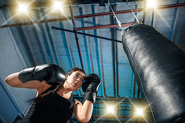 Image showing The female boxer training at gym