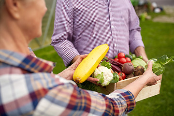 Image showing senior couple with box of vegetables on farm