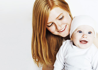 Image showing young beauty mother with baby, red head happy family isolated cl