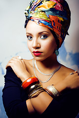 Image showing beauty bright african woman with creative make up, shawl on head