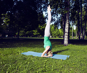 Image showing blonde real girl doing yoga in green park, lifestyle sport peopl