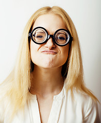 Image showing bookworm, cute young blond woman in glasses, blond hair, teenage