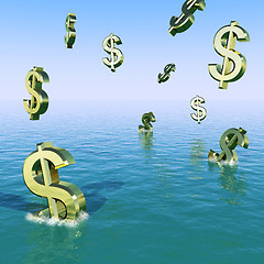 Image showing Dollars Falling In The Sea Showing Depression Recession And Econ