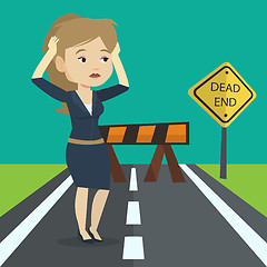 Image showing Businesswoman looking at road sign dead end.