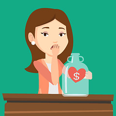 Image showing Bankrupt woman looking at empty money box