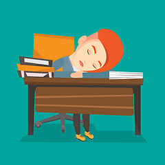 Image showing Female student sleeping at the desk with book.