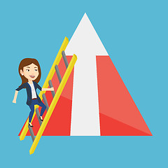 Image showing Business woman climbing on mountain.