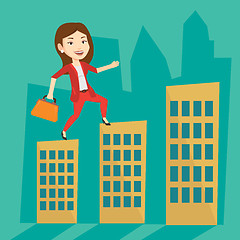 Image showing Business woman walking on the roofs of buildings.