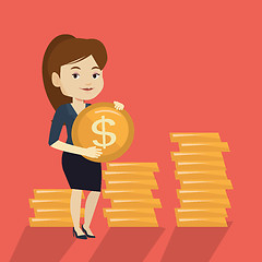 Image showing Successful business woman with dollar coin.