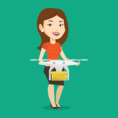 Image showing Woman controlling delivery drone with post package