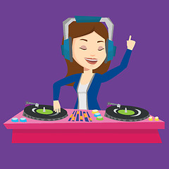 Image showing DJ mixing music on turntables vector illustration.