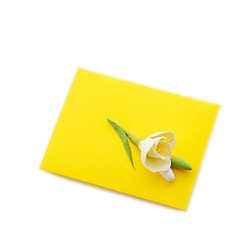 Image showing Close up of yellow envelope with flower