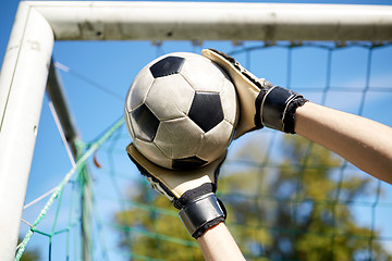 Image showing goalkeeper with ball at football goal on field