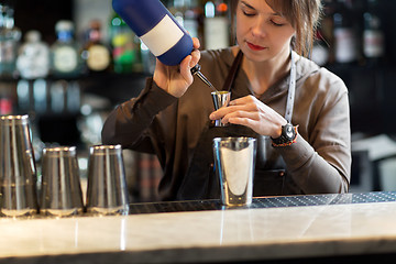 Image showing barmaid with shaker preparing cocktail at bar