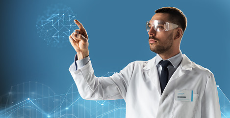 Image showing doctor or scientist in lab coat and safety glasses