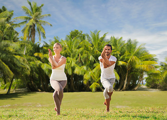 Image showing smiling couple making yoga exercises outdoors