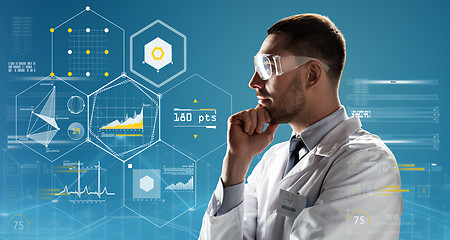 Image showing doctor or scientist in lab coat and safety glasses