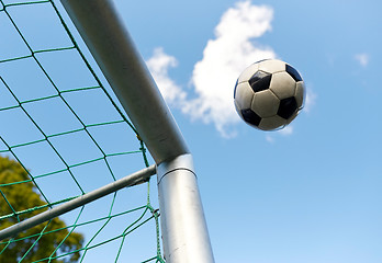 Image showing soccer ball flying into football goal net over sky