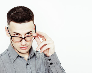 Image showing young handsome asian man hipster in glasses on white background, lifestyle people concept closeup