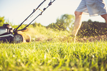 Image showing Young man mowing the grass