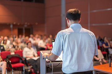 Image showing Public speaker giving talk at scientific conference.