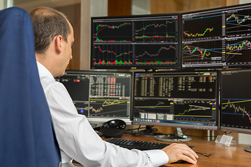 Image showing Rear view of stock trader analyzing data at multiple computer screens.