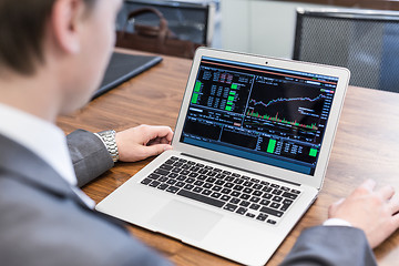 Image showing Young businessman working with laptop, man\'s hands on notebook computer.