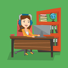 Image showing Business woman with headset working at office.