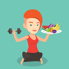 Image showing Healthy woman with fruits and dumbbell.