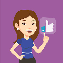 Image showing Woman pressing like button vector illustration.