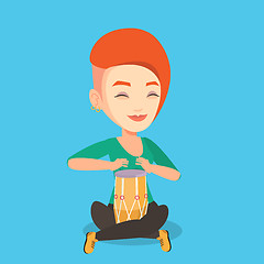 Image showing Woman playing ethnic drum vector illustration.