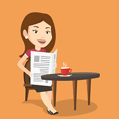 Image showing Woman reading newspaper and drinking coffee.