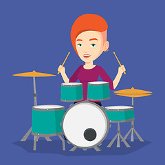 Image showing Woman playing on drum kit vector illustration.