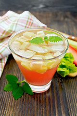 Image showing Lemonade with rhubarb and mint on wooden table