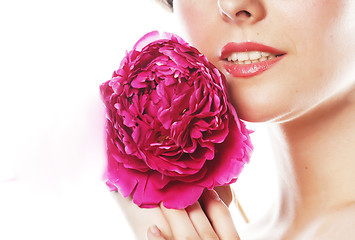 Image showing young beauty woman with flower peony pink closeup makeup soft te