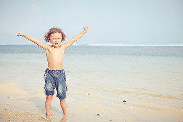 Image showing Portrait of little boy standing on the beach