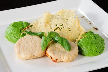 Image showing Steamed meatballs with potato-broccoli puree