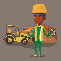 Image showing Worker and bulldozer at rubbish dump.