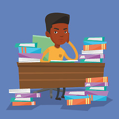 Image showing Student sitting at the table with piles of books.